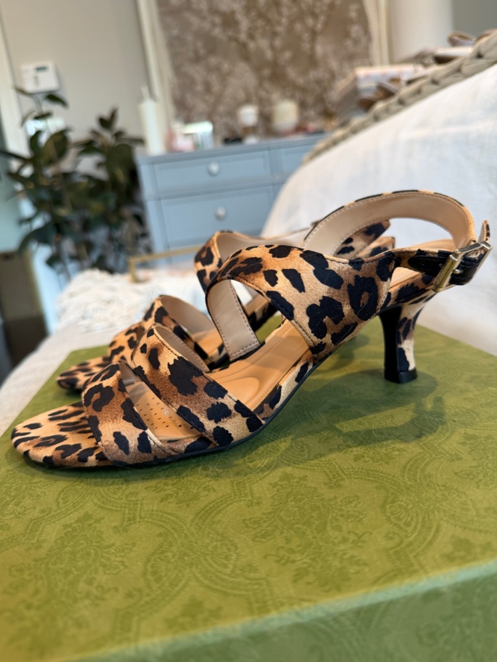 Abella Leopard-Print Strappy Kitten Heels in Tan and Black
